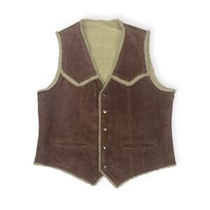 Vintage mens XL leather brown faux Sherpa vest oui cowboy western Yellowstone